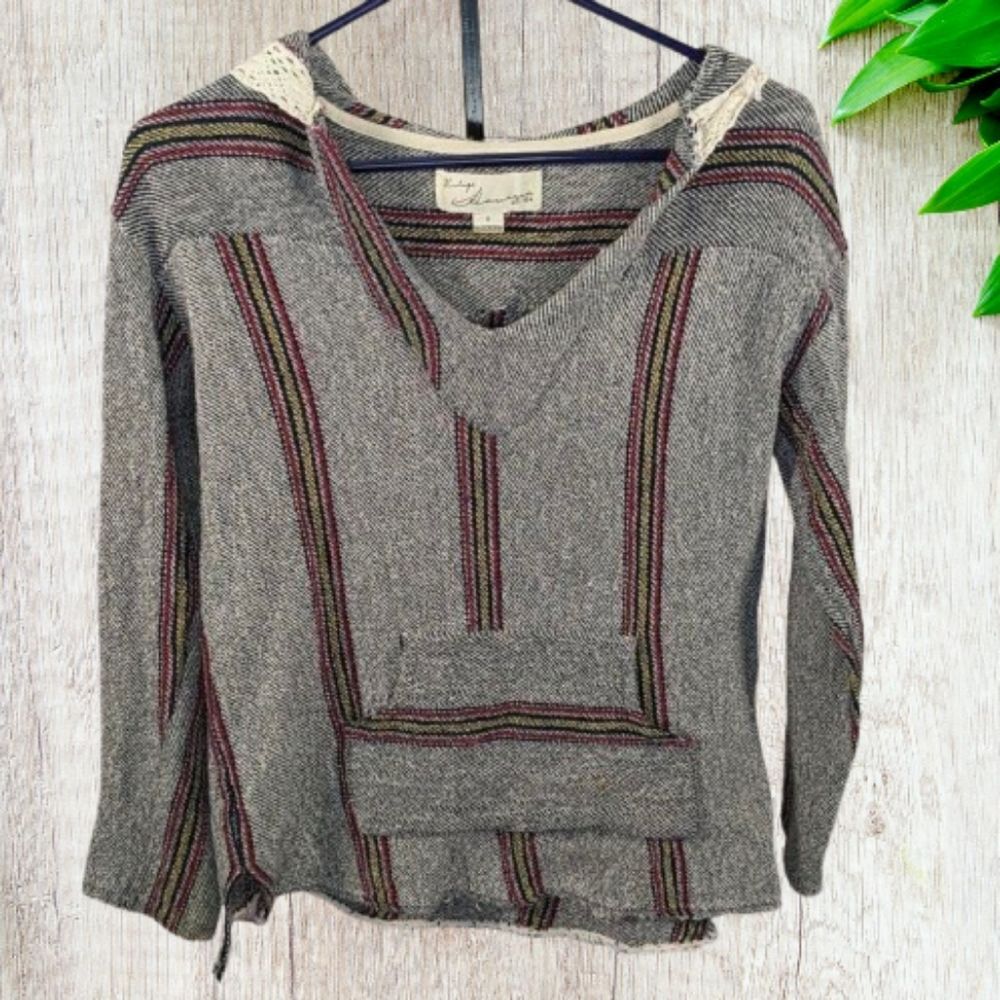 Vintage Havana Crochet Trim Striped Baja Hoodie